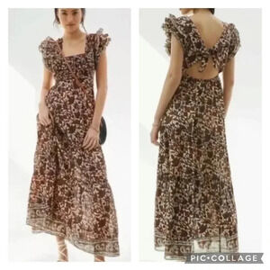 Love the Label Anthropologie Mirabelle Ruffled Maxi Dress Brown Size Medium